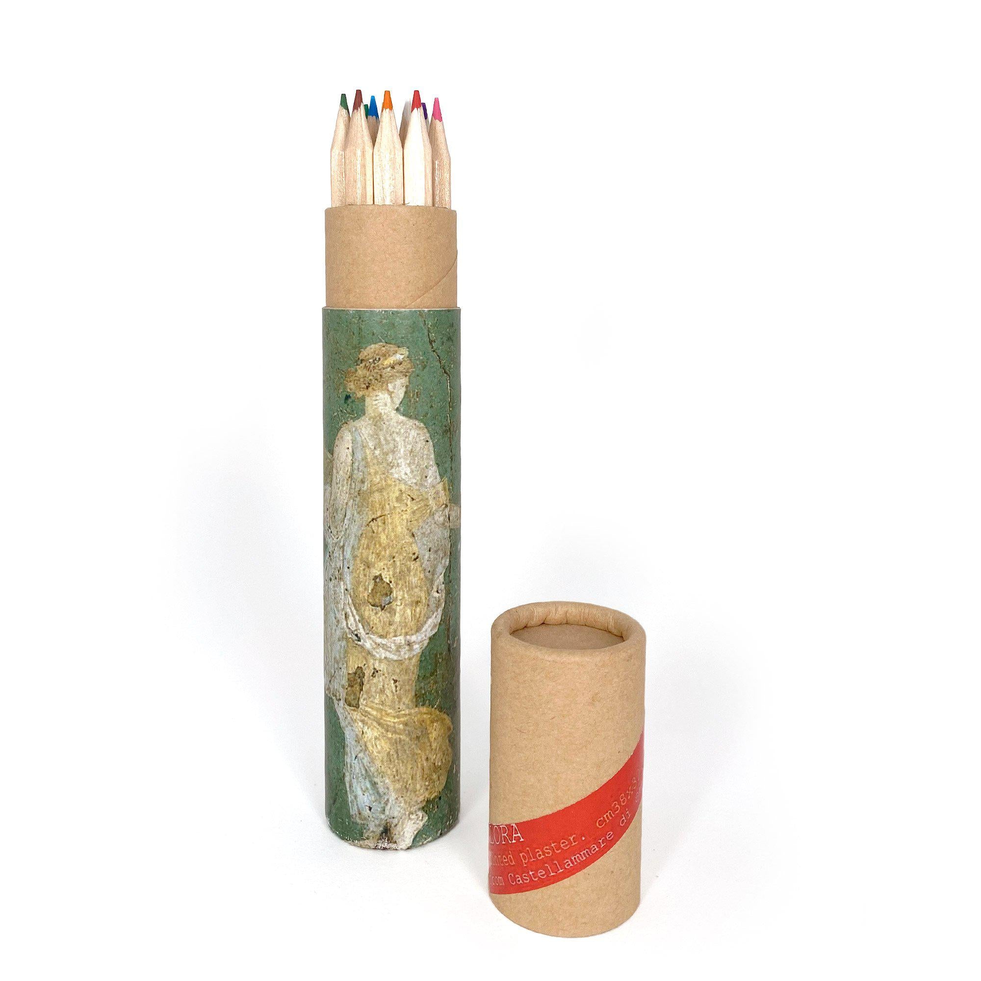 Boîte de crayons de couleur avec illustration de la fresque de Flora de Stabies – art romain classique