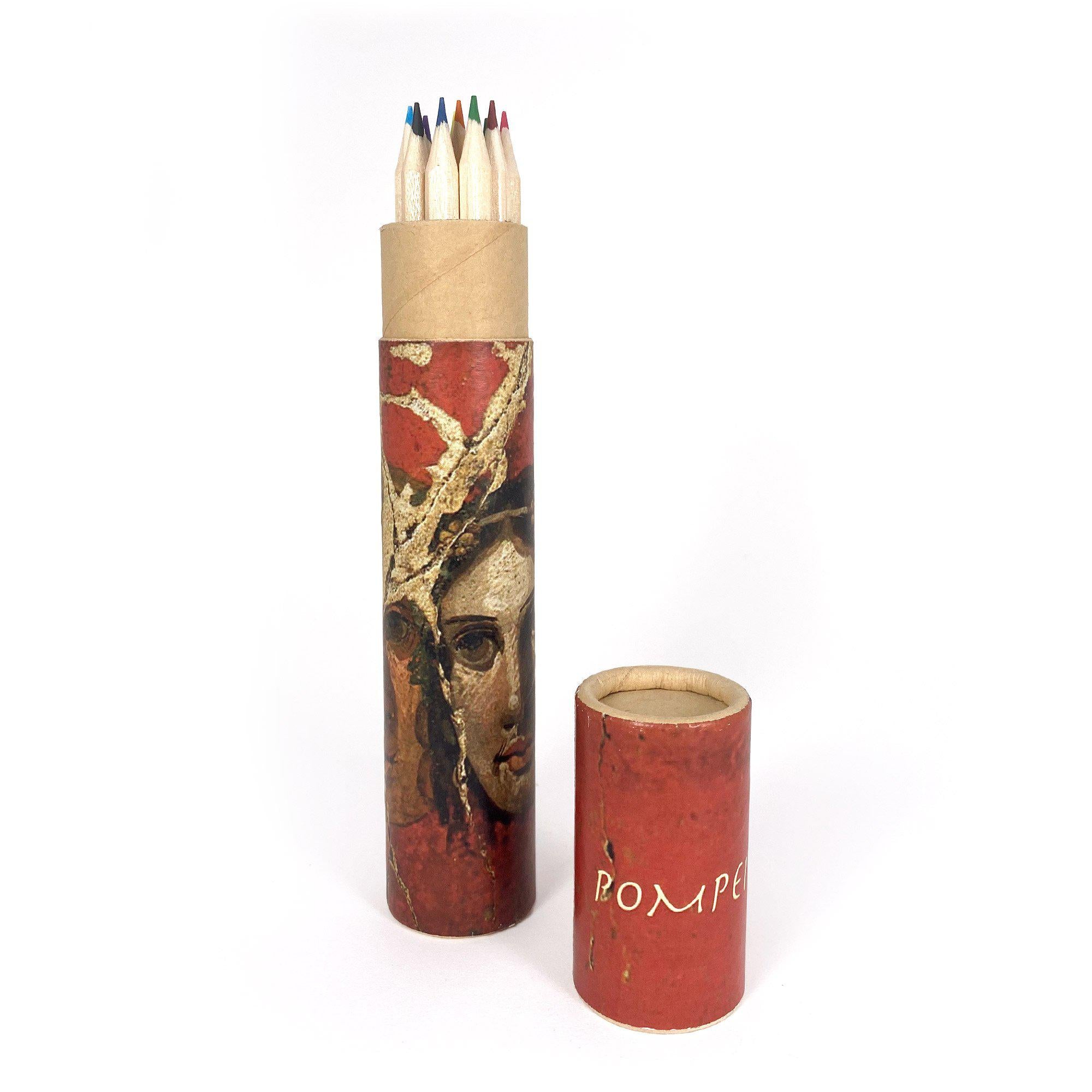 Set de 12 crayons de couleur avec décoration sur le thème des masques théâtraux pompéiens – art et histoire en boîte