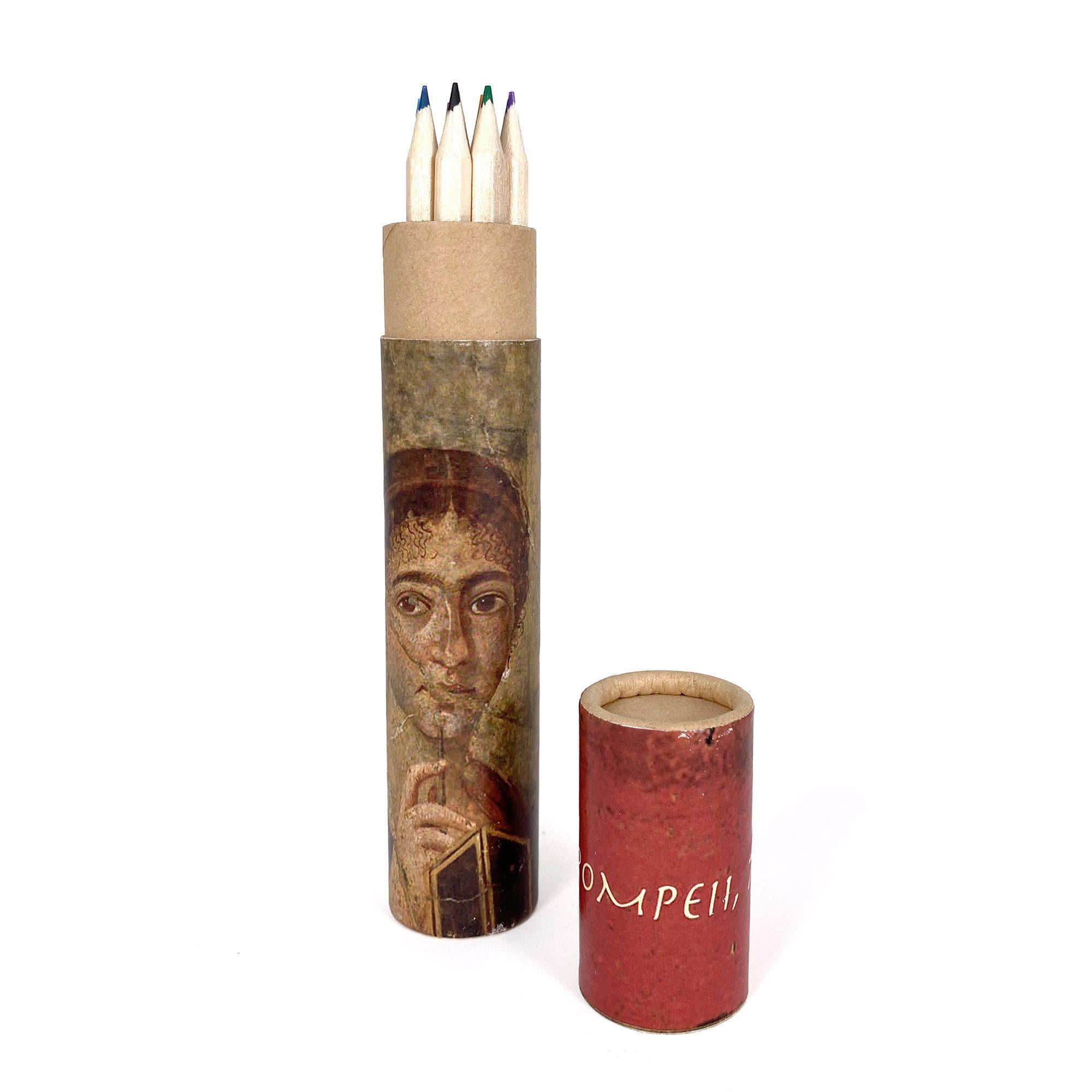 Crayons de couleur avec boîte dédiée à la fresque de Proculus – icône de Pompéi sur emballage artistique