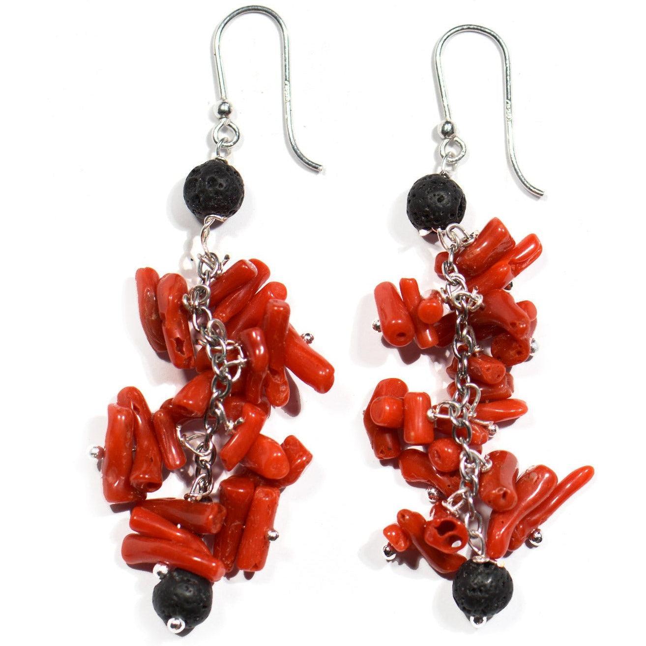 Coral and Lava Stone with Silver Earring