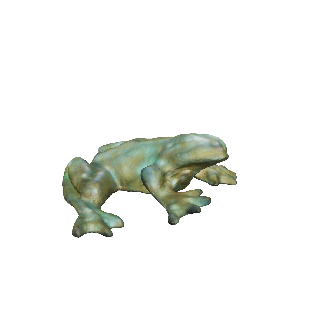 Miniatura della visualizzazione 3D di una rana in bronzo con patina verde-azzurra, raffigurata in posizione distesa su fondo bianco.