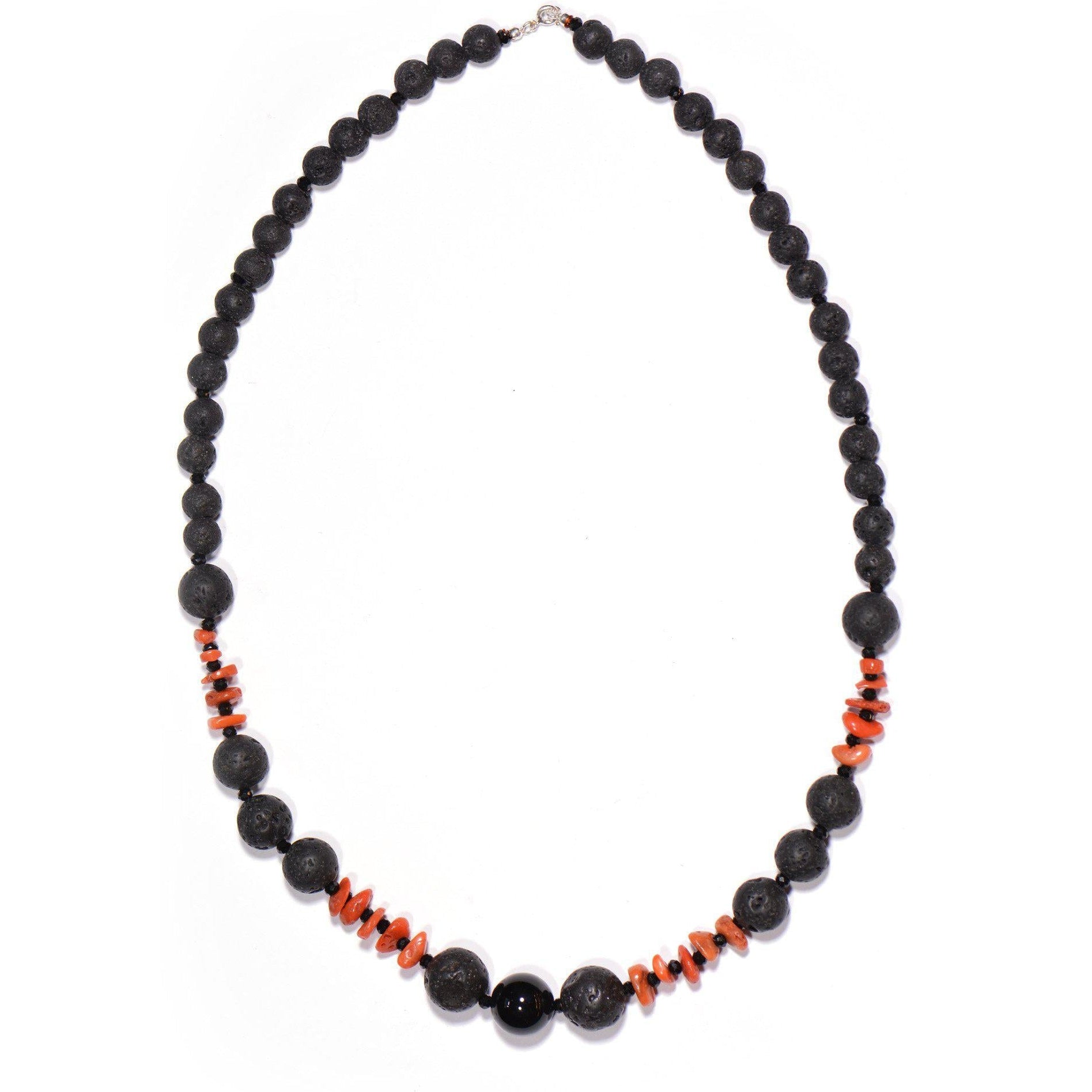 Necklace with Lava Stone, Red Coral and Onyx