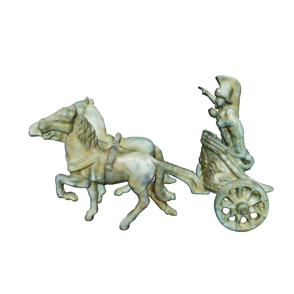 Miniatura della visualizzazione 3D di una statuetta in bronzo di biga romana con patina verde, raffigurante due cavalli e un auriga su carro decorato.