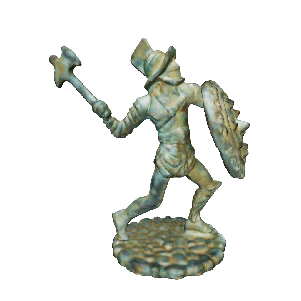 Miniatura della visualizzazione 3D di una statuetta in bronzo di gladiatore romano trace con patina verde, vista di tre quarti dal retro, con elmo, scudo rotondo e arma sollevata.