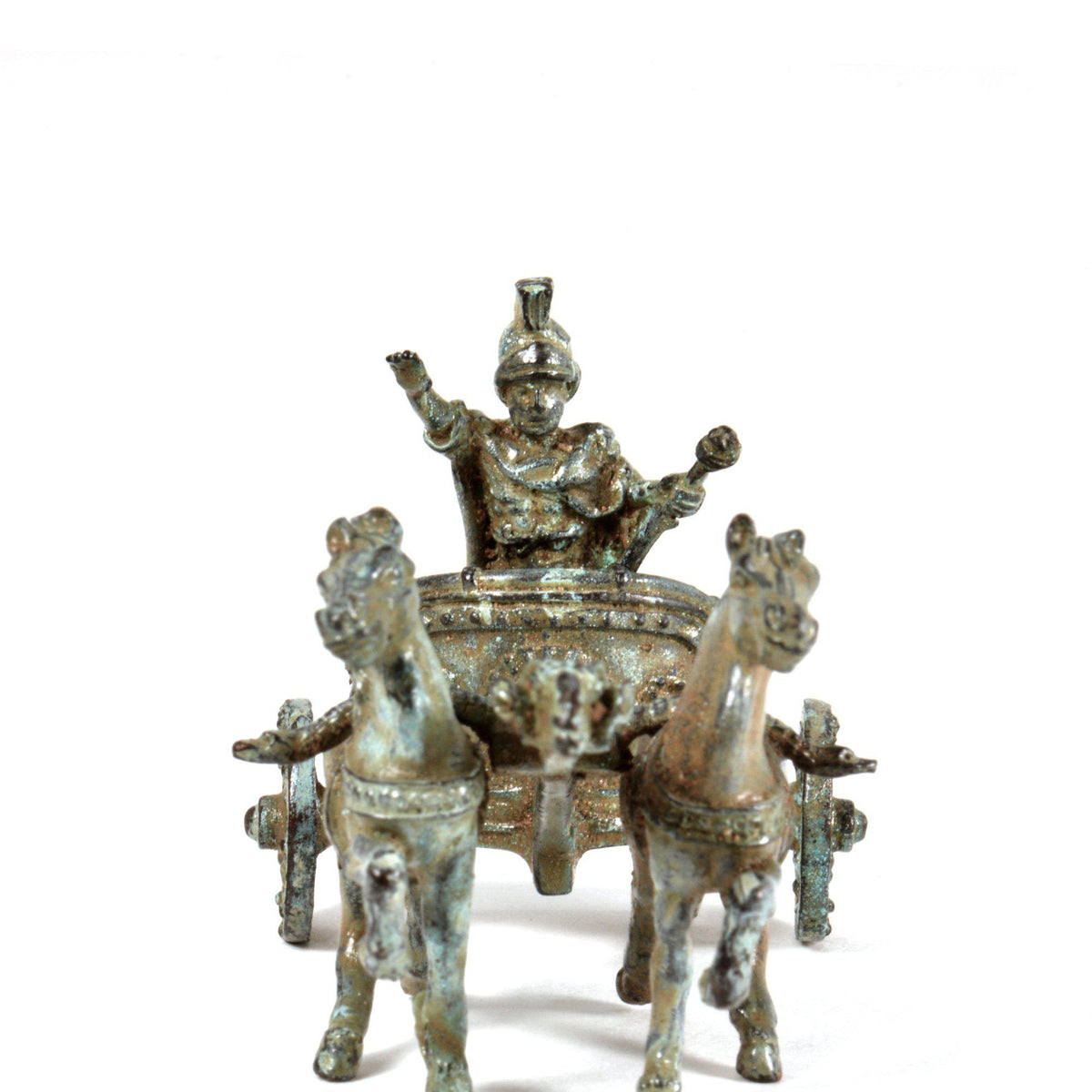 Roman bronze chariot with green patina, depicting two frontal horses and a charioteer with helmet on a decorative chariot.