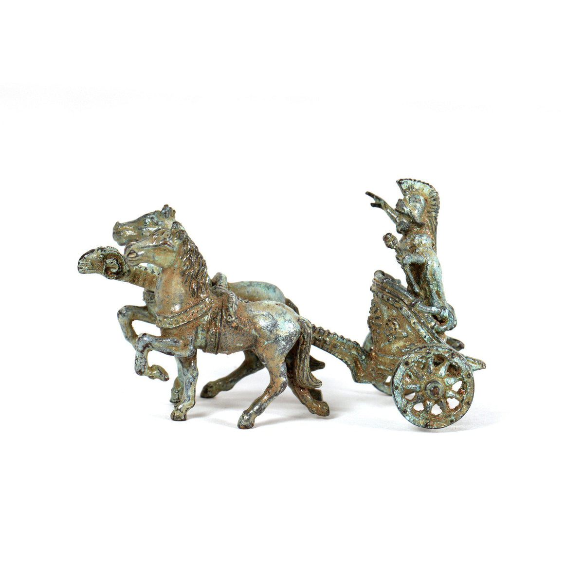 Roman bronze chariot with green patina, two horses, charioteer, and decorative chariot with wheels, on a white background.
