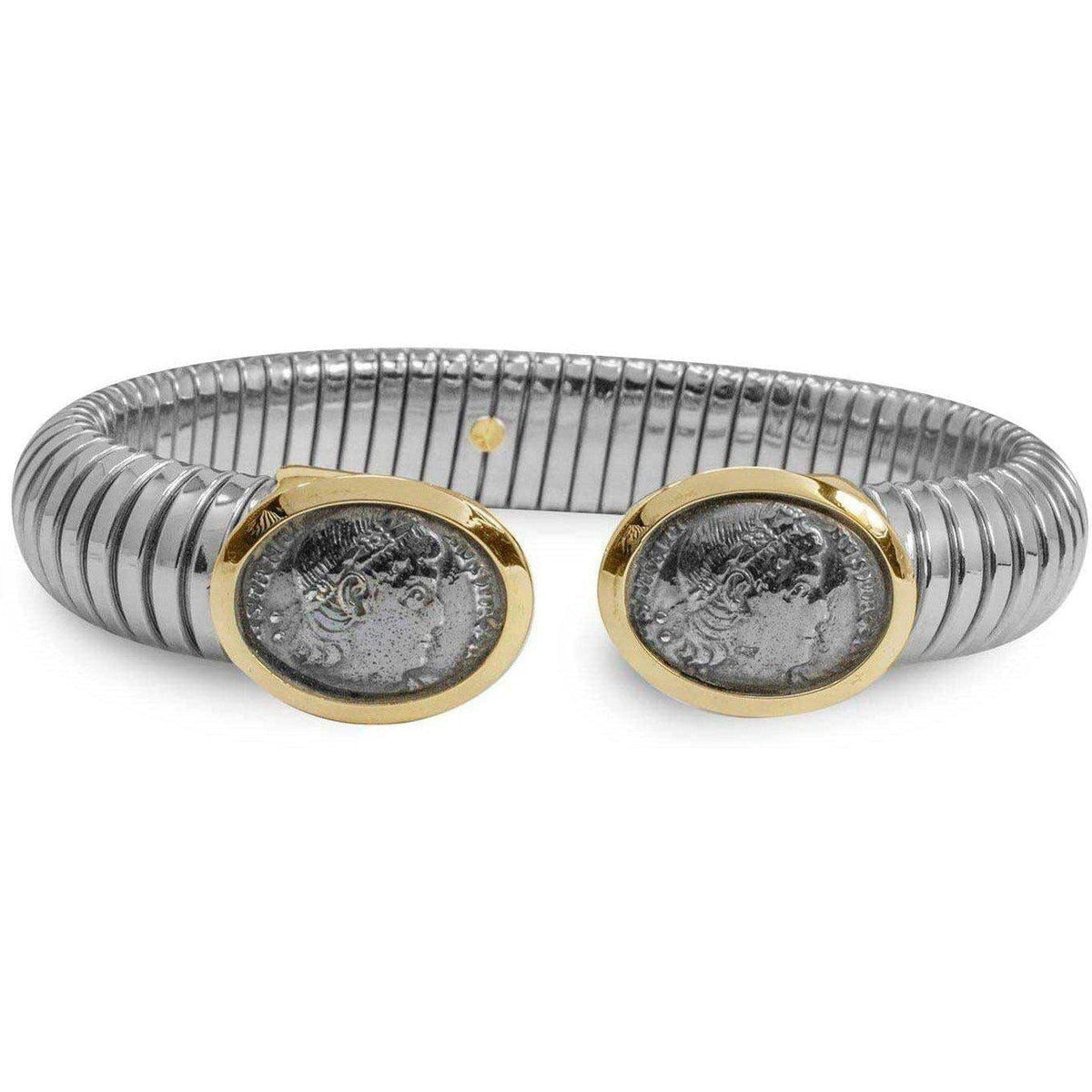 Bracciale aperto con due repliche di monete antiche raffiguranti un profilo, su fondo bianco