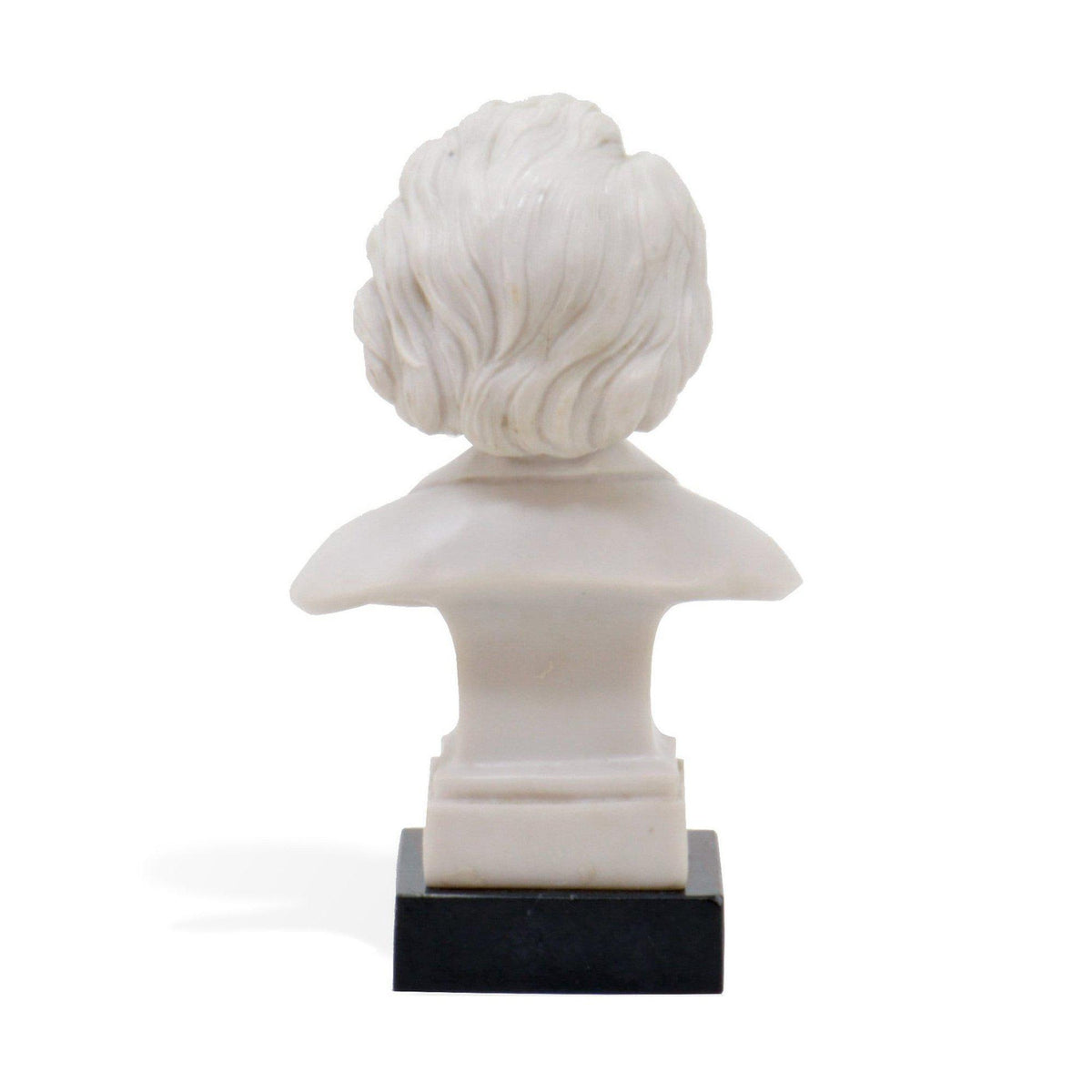 Busto di Giuseppe Verdi in marmo su base scura, visto da dietro su fondo bianco