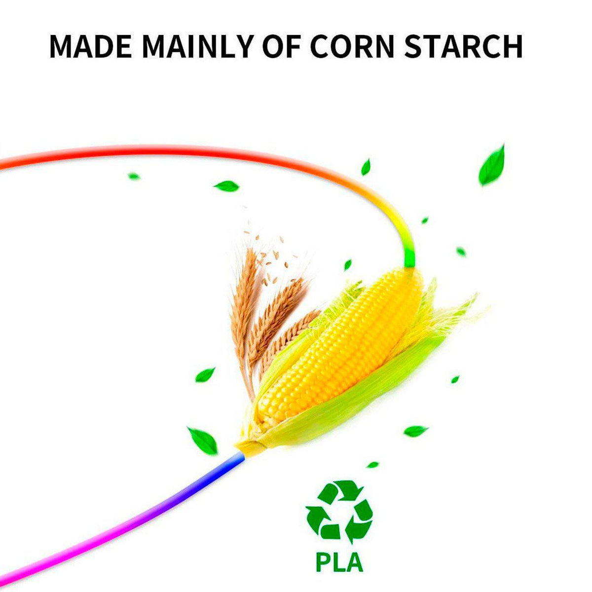 Grafica sul PLA con mais, spighe di grano, filamenti colorati e simbolo del riciclo.