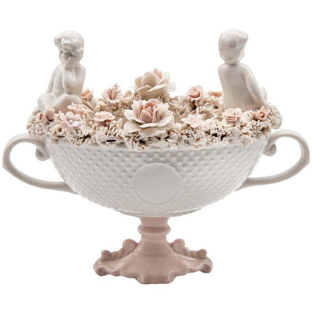 Coppa in fine porcellana di Capodimonte con Fiori e Angeli