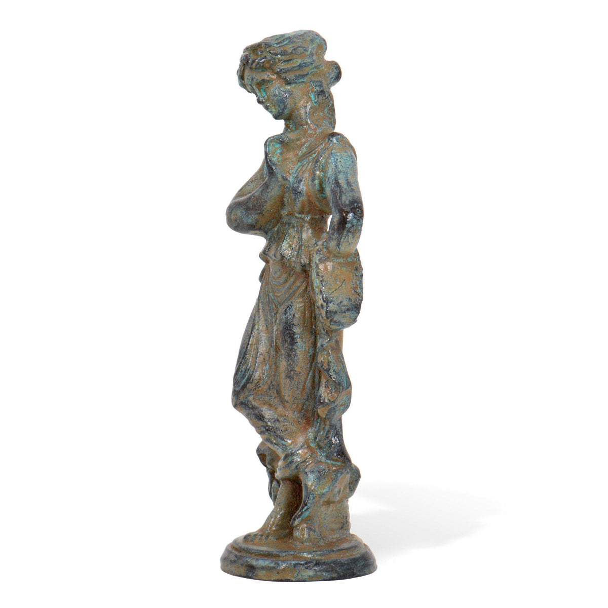 Roman woman in bronze with green patina, draped dress and side pose, depicted on a decorative base and photographed on a white background.