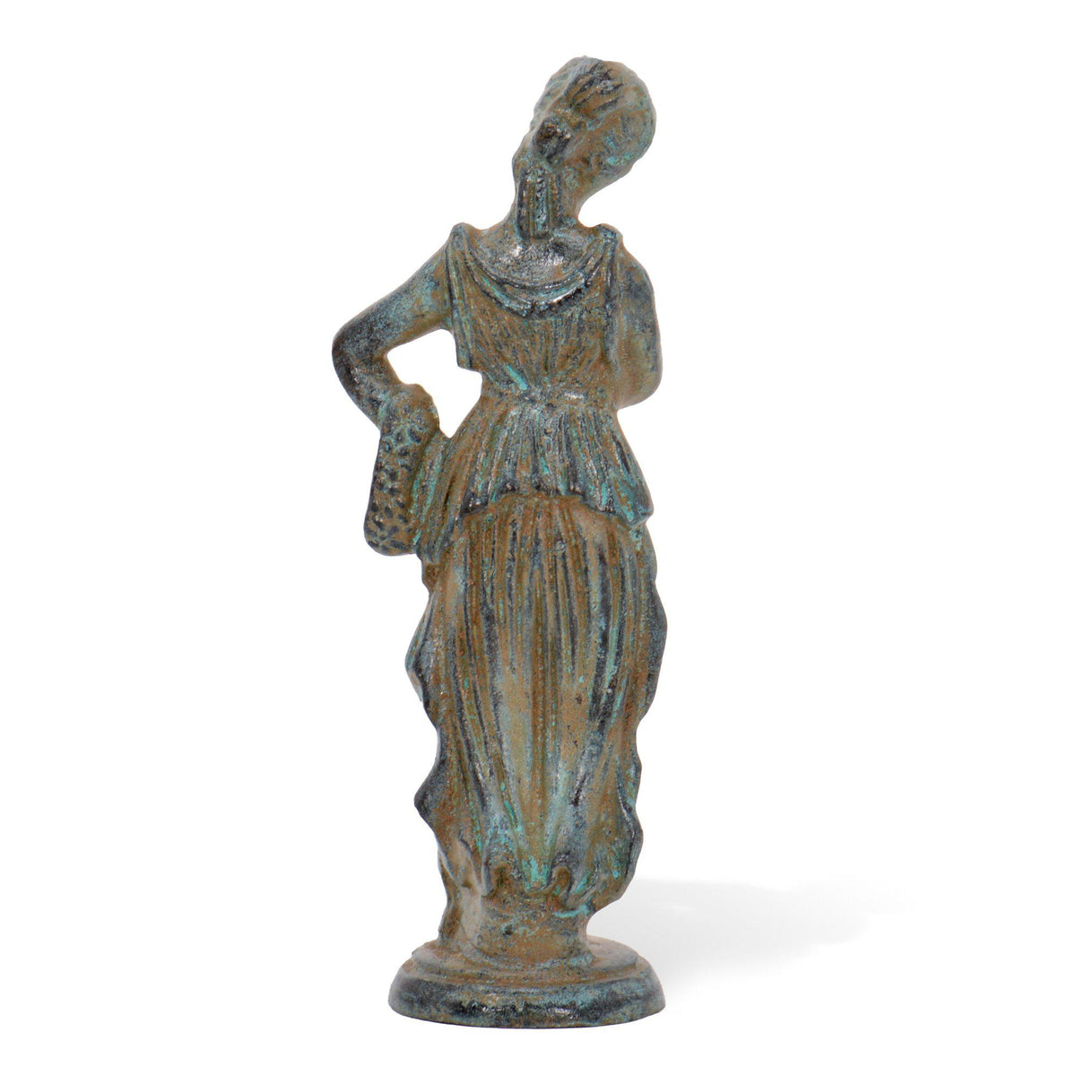 Roman woman in bronze with green patina, draped dress and rear pose, depicted on a decorative base and photographed on a white background.
