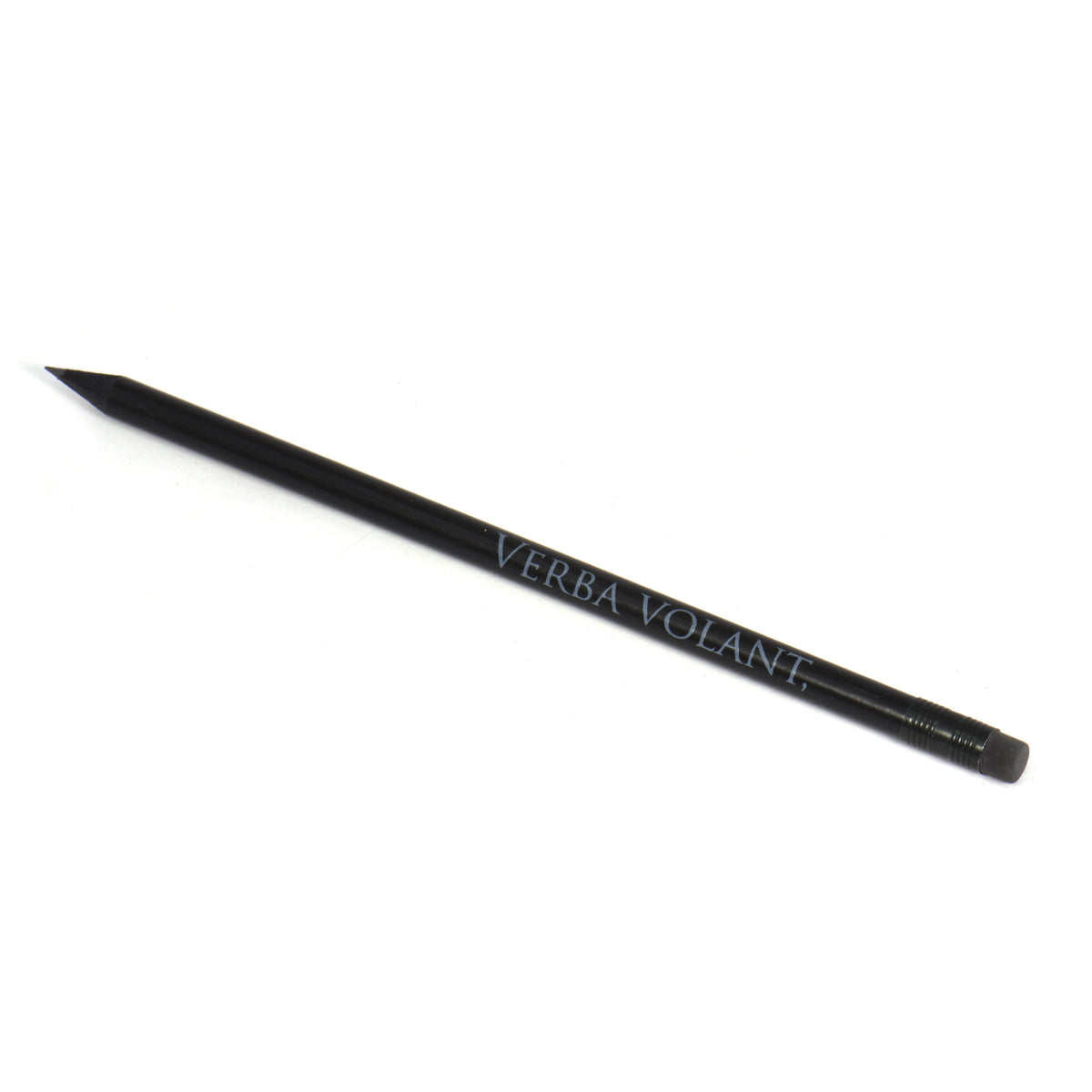 Crayon noir avec gomme et phrase latine « Verba Volant » – design essentiel et motivant