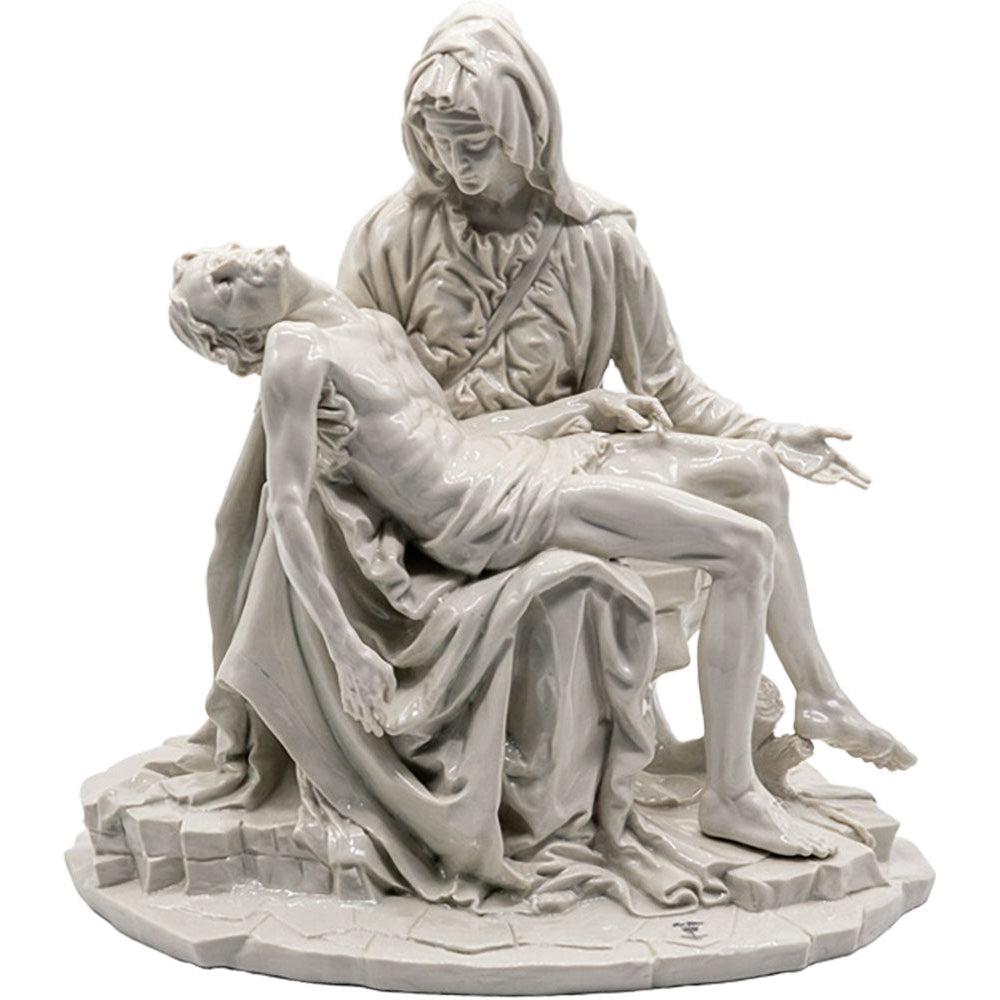 Pietà de Michel-Ange - Statue en porcelaine brillante de Capodimonte avec cloche en verre