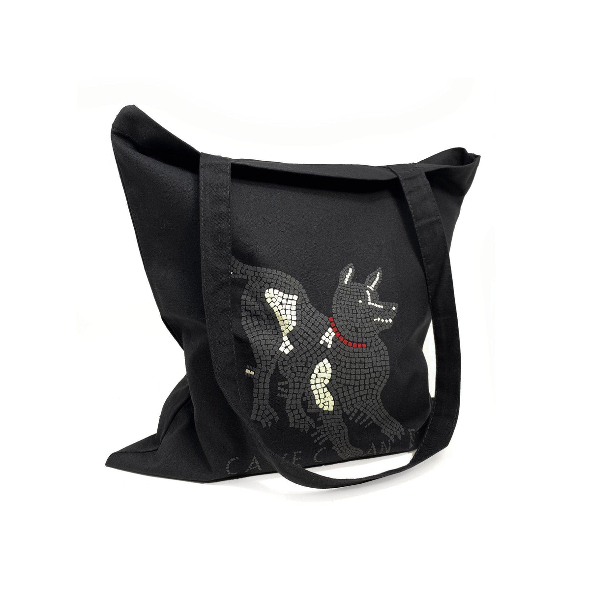 Shopper nera con manici lunghi e stampa del cane Cave Canem con collare rosso, su fondo bianco.