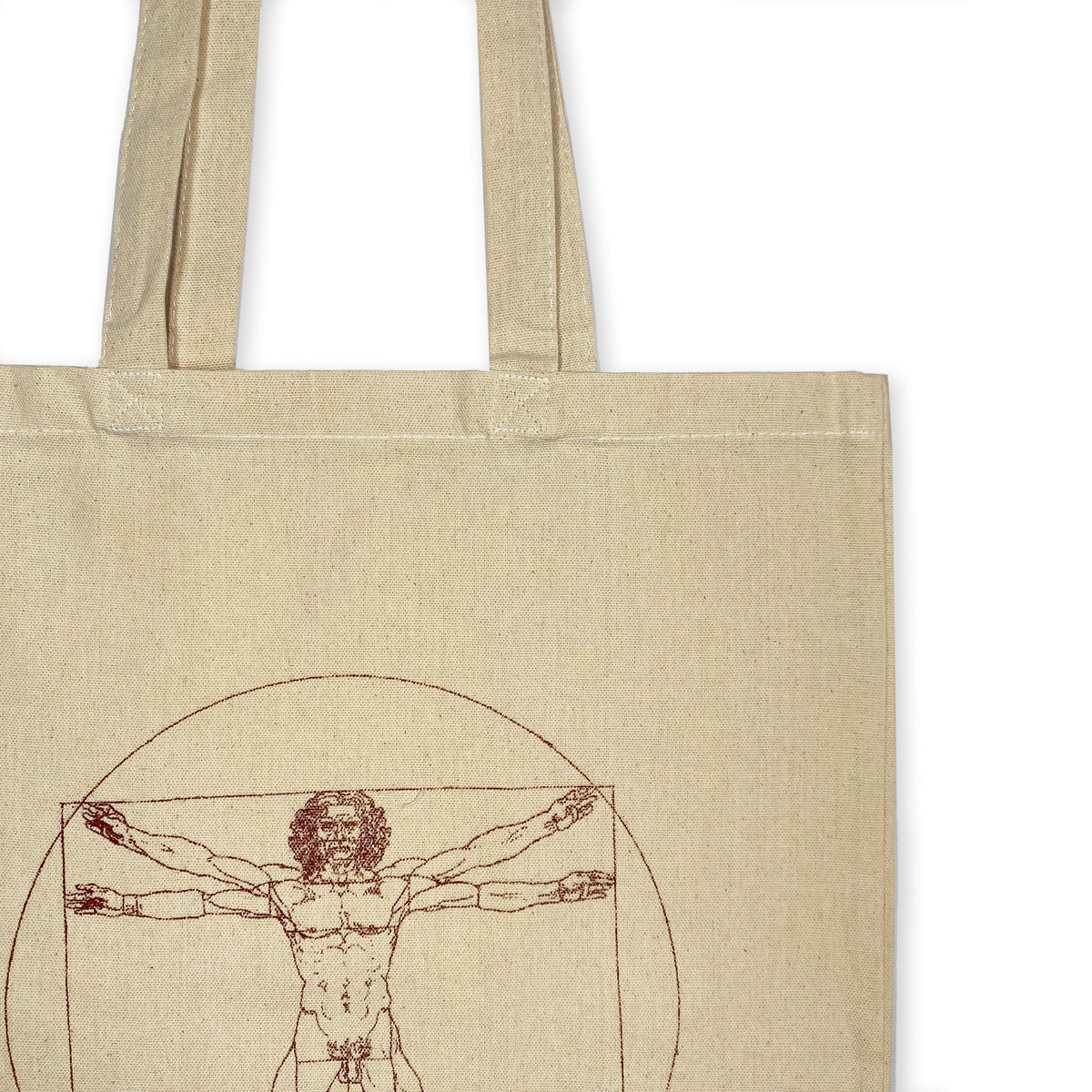 Detalle de impresión Hombre Vitruviano en bolsa shopper de estilo renacentista