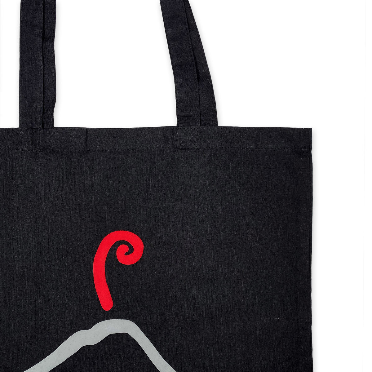 Dettaglio del pennacchio rosso e del profilo grigio del Vesuvio sulla shopper nera
