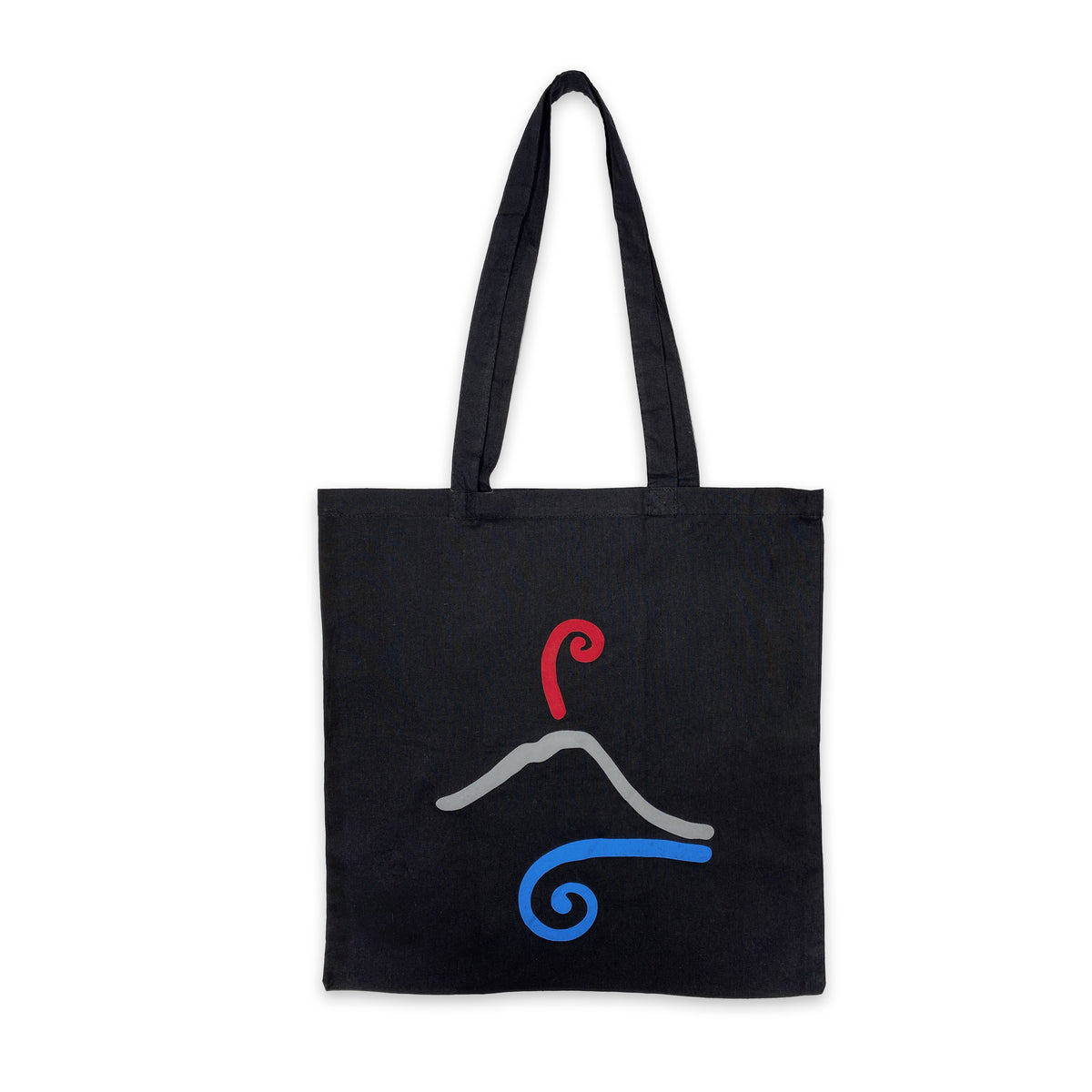 Shopper nera in cotone con Vesuvio stilizzato in grigio, rosso e blu, distesa su fondo bianco