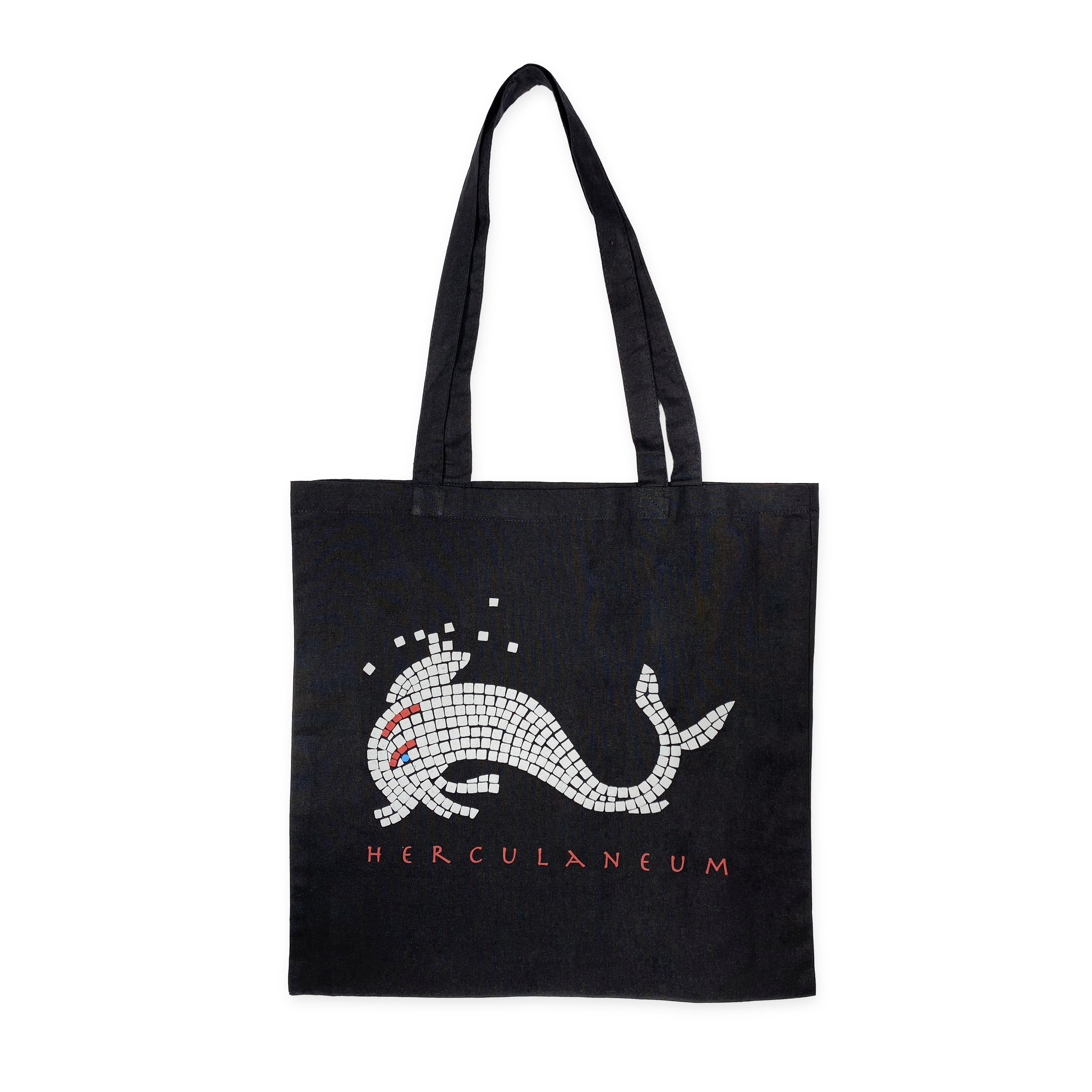 Borsa shopper Herculaneum con delfino in cotone nero