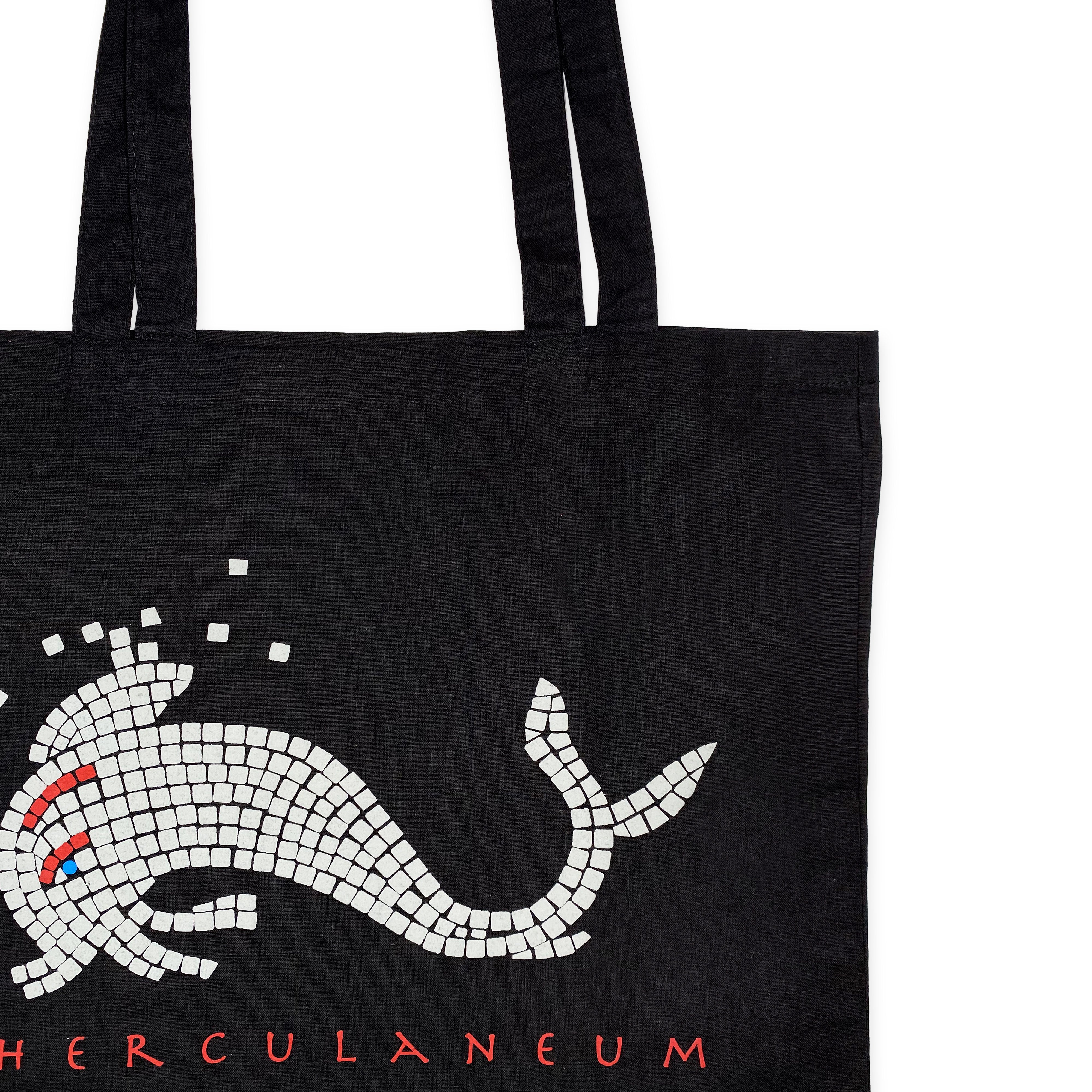 Borsa shopper Herculaneum con delfino in cotone nero