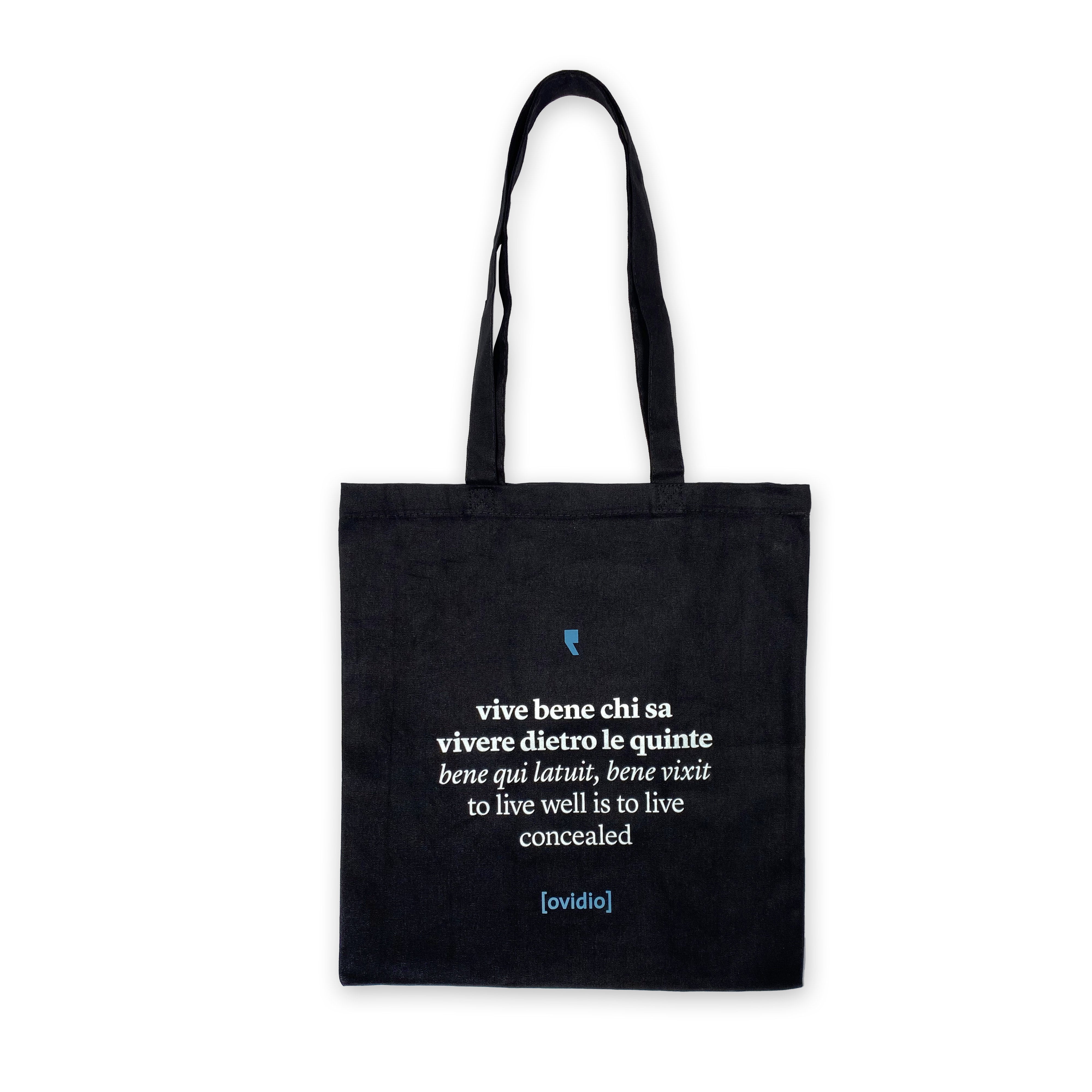 Front view of the black bag with white print of Ovid's quote – eco-friendly shopper with classic style
