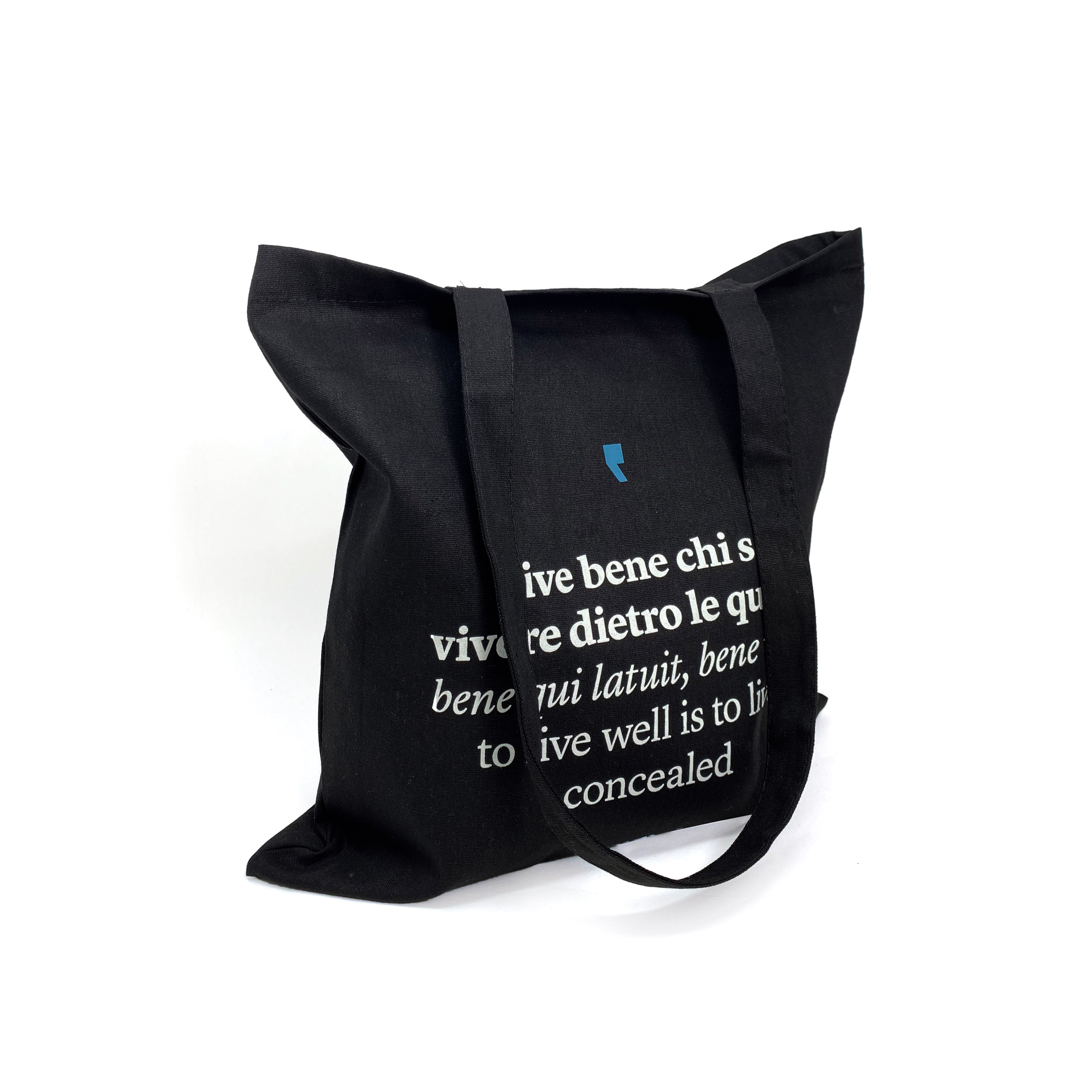 Black cotton shopper with Ovid's phrase "Beauty is a fragile good" – artistic and refined reusable bag