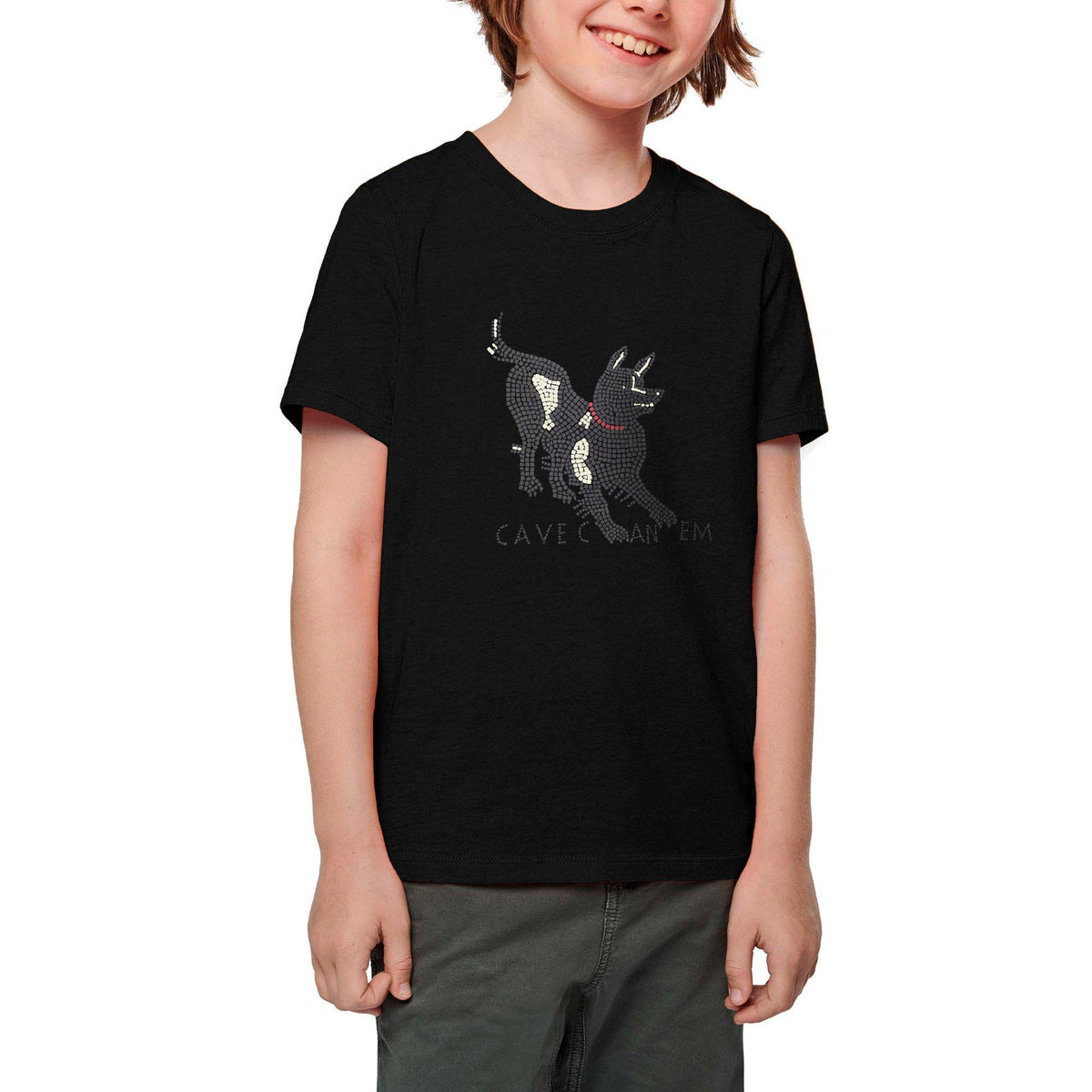Camiseta de algodón para niños con estampado "Cave Canem" inspirado en el mosaico de Pompeya.