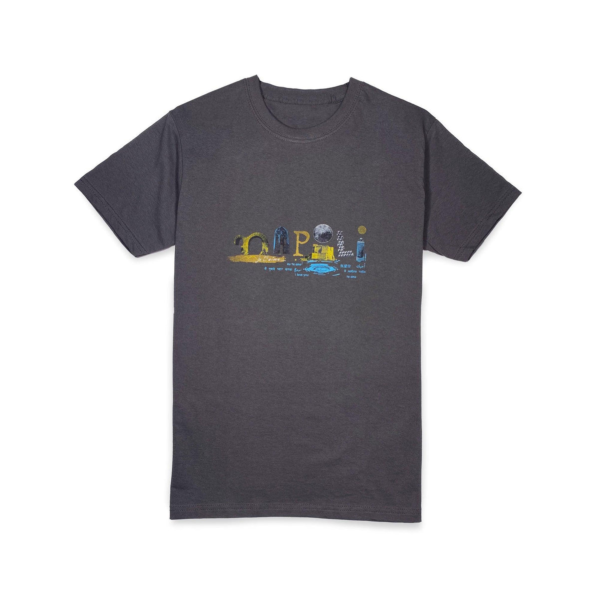 T-shirt grigia da uomo con scritta multicolore «Napoli», vista frontale su fondo bianco.
