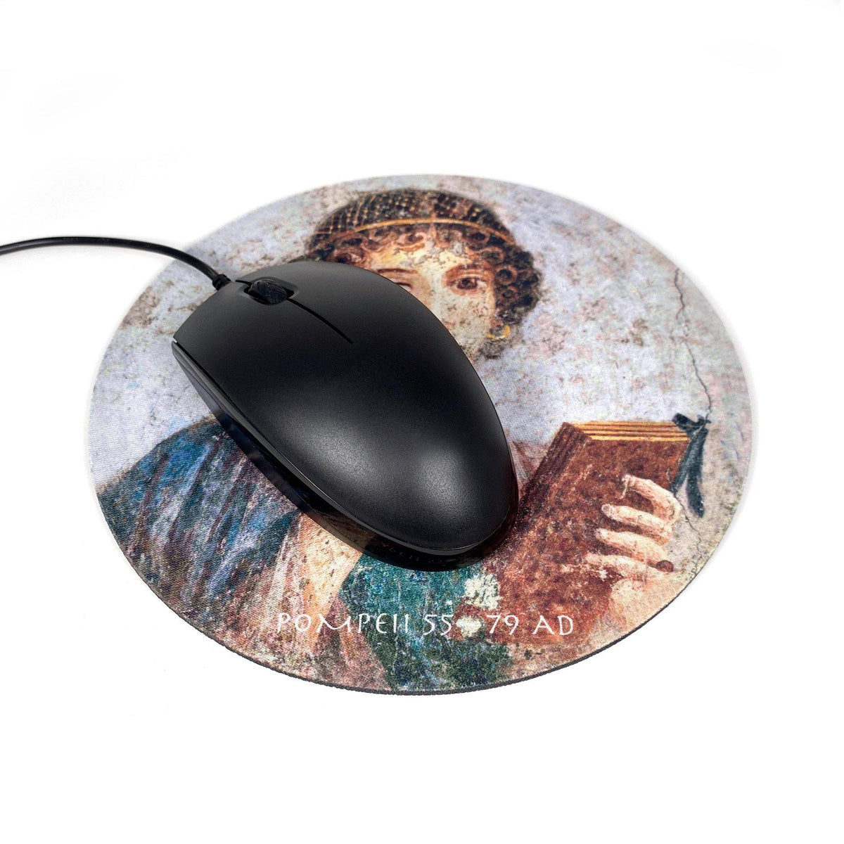 Artistic mouse pad with design inspired by the Sappho Fresco – neoprene mouse mat, circular shape